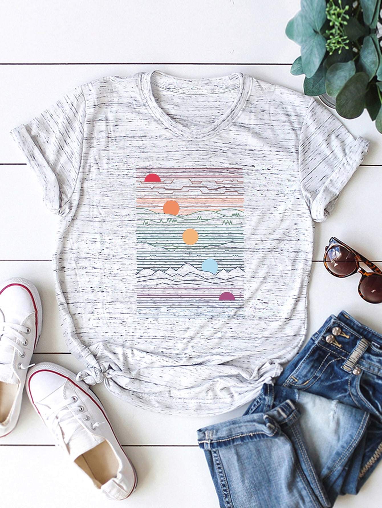 Round Neck Space Dye Geo Print Tee