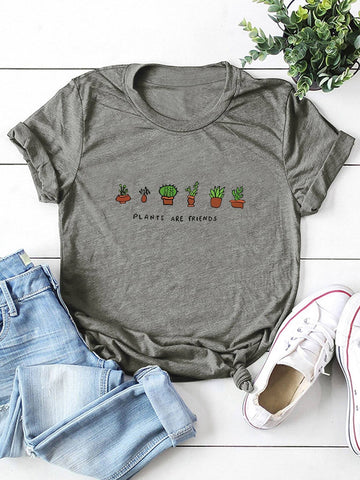 Round Neck Slogan And Plants Print Tee