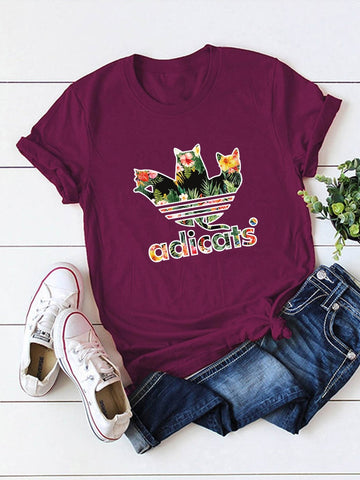 Tropical Letter And Cat Print Tee