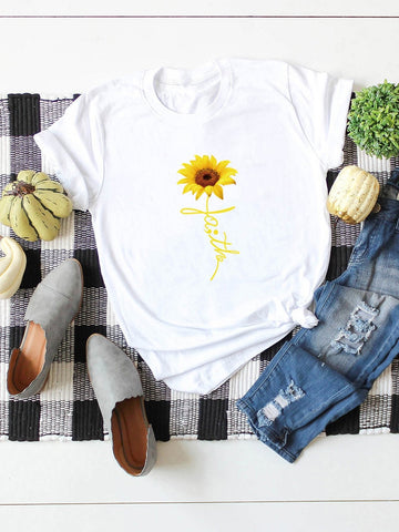 Sunflower Print Round Neck Tee