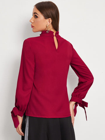 Tie Cuff Frill Neck Button Keyhole Blouse