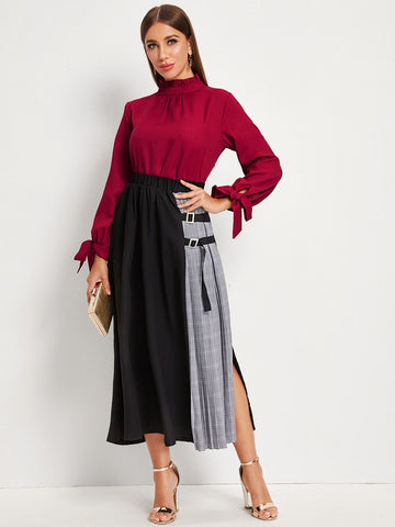 Tie Cuff Frill Neck Button Keyhole Blouse