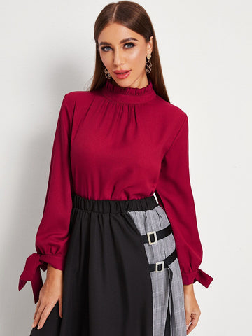 Tie Cuff Frill Neck Button Keyhole Blouse