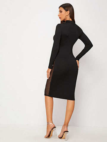 Fishnet Insert Mock Neck Bodycon Dress