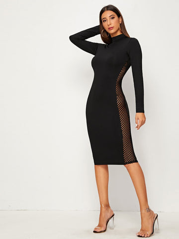 Fishnet Insert Mock Neck Bodycon Dress