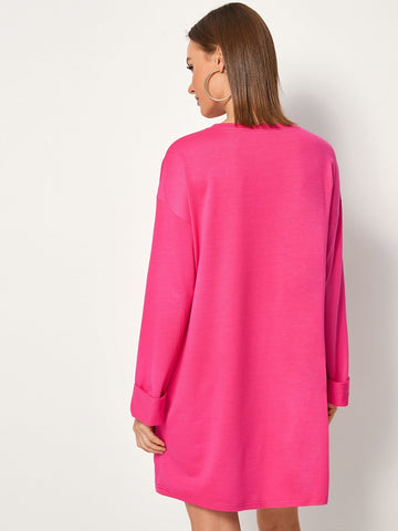 Neon Pink Drop Shoulder Sweatshirt Dress