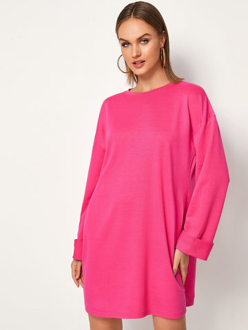 Neon Pink Drop Shoulder Sweatshirt Dress