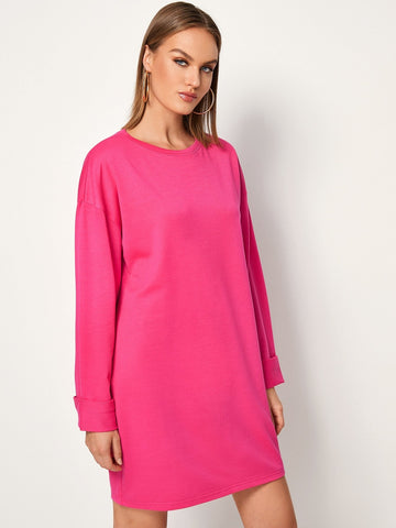 Neon Pink Drop Shoulder Sweatshirt Dress