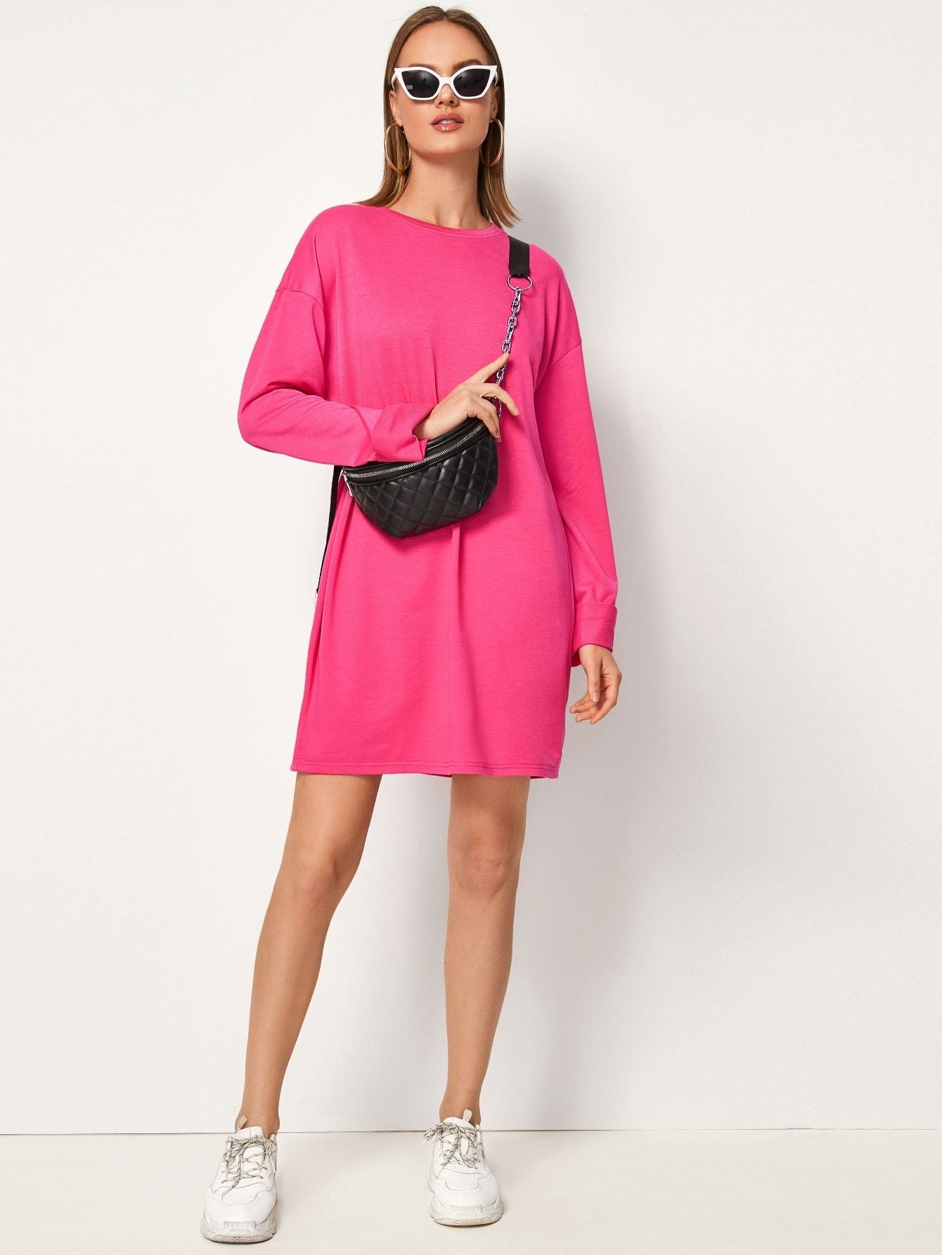 Neon Pink Drop Shoulder Sweatshirt Dress