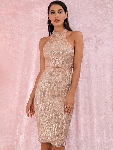 LOVE&LEMONADE Slit Hem Sequin Midi Bodycon Halter Dress