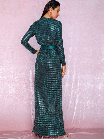 LOVE&LEMONADE Wrap Belted Sequin Maxi Dress