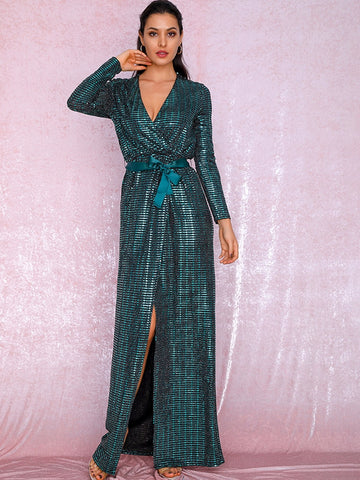 LOVE&LEMONADE Wrap Belted Sequin Maxi Dress