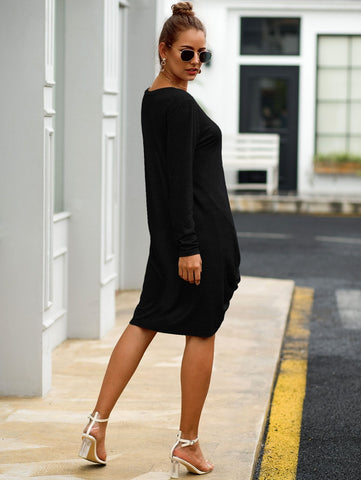 Solid V Neck Twist Hem Dress