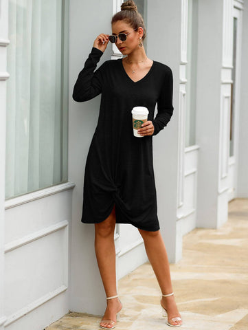 Solid V Neck Twist Hem Dress