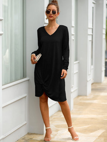 Solid V Neck Twist Hem Dress