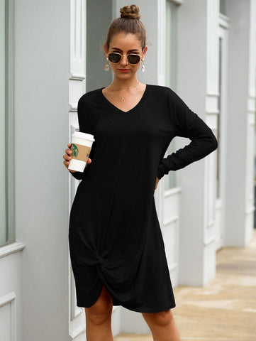 Solid V Neck Twist Hem Dress