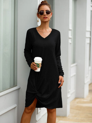 Solid V Neck Twist Hem Dress