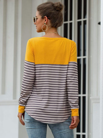 V Neck Contrast Panel Striped Tee