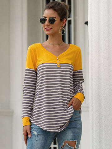 V Neck Contrast Panel Striped Tee