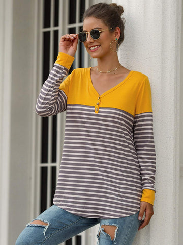 V Neck Contrast Panel Striped Tee