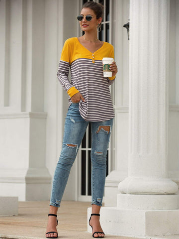 V Neck Contrast Panel Striped Tee