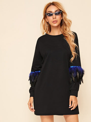 Tape and Faux Feather Detail Sweatshirt Dress