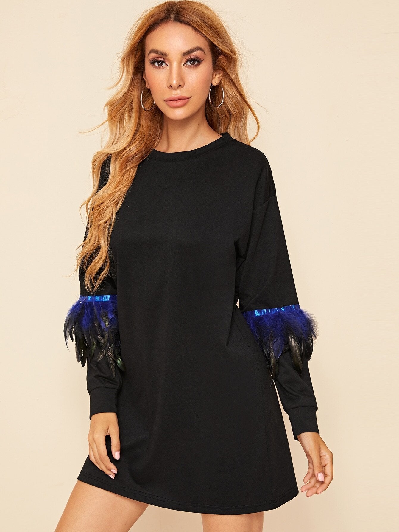 Tape and Faux Feather Detail Sweatshirt Dress