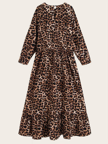 Leopard Print Keyhole Back Flounce Hem Dress