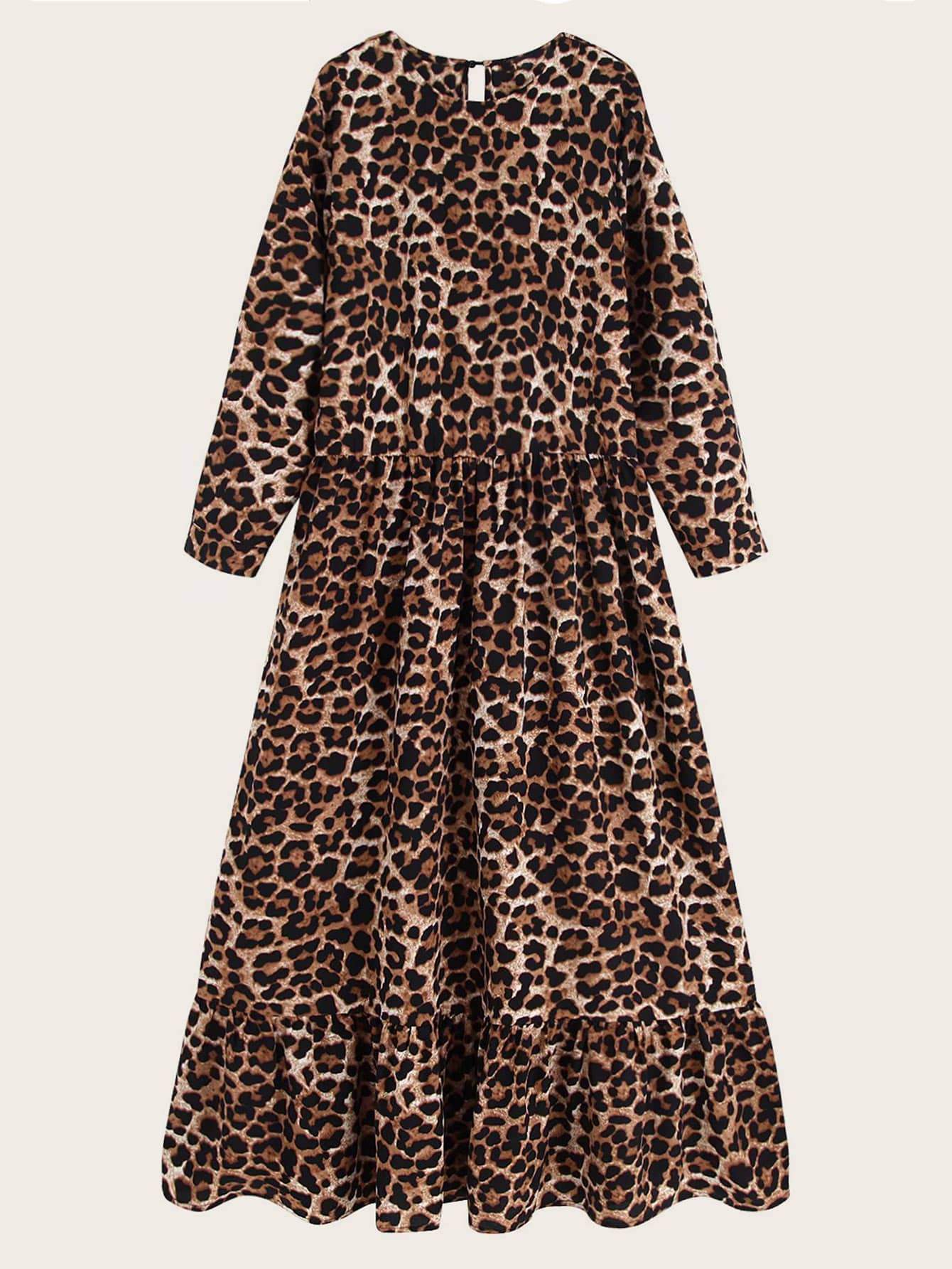 Leopard Print Keyhole Back Flounce Hem Dress