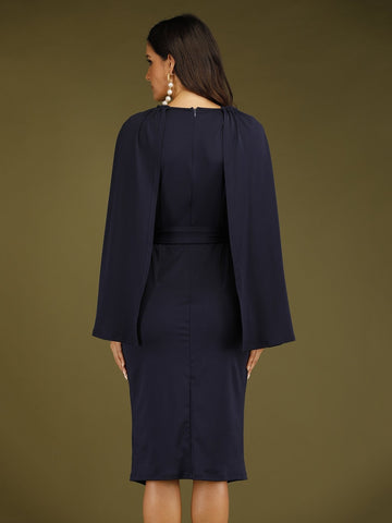 Tulip Hem Cape Sleeve Belted Sheath Dress