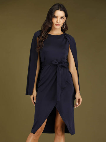 Tulip Hem Cape Sleeve Belted Sheath Dress
