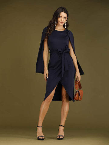 Tulip Hem Cape Sleeve Belted Sheath Dress