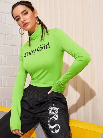 Stand Collar Letter Graphic Crop Tee Green, Bright