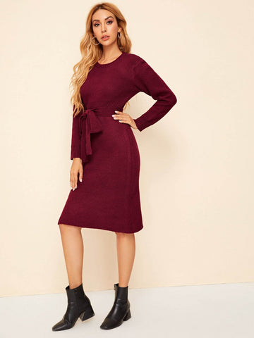 Solid Round Neck Belted Fitted Jumper Dress