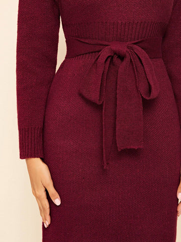 Solid Round Neck Belted Fitted Jumper Dress