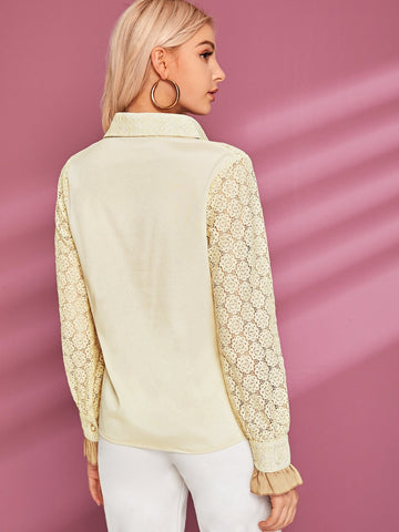 Button Through Flounce Sleeve Lace Blouse