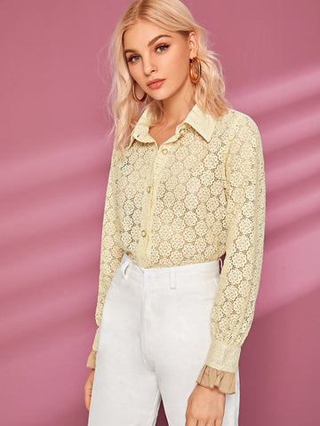 Button Through Flounce Sleeve Lace Blouse