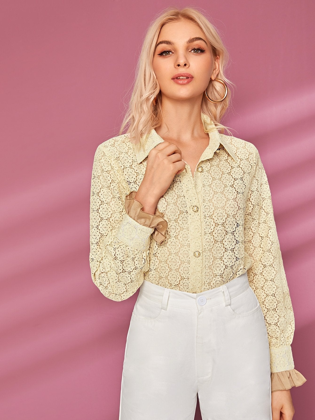 Button Through Flounce Sleeve Lace Blouse