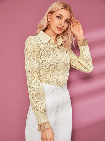 Button Through Flounce Sleeve Lace Blouse