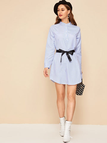 Striped Button Front Self Tie Shirt Dress