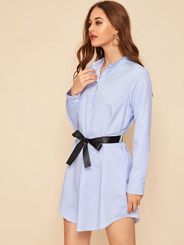 Striped Button Front Self Tie Shirt Dress