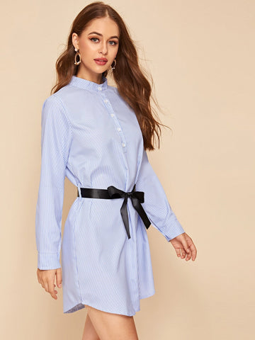 Striped Button Front Self Tie Shirt Dress