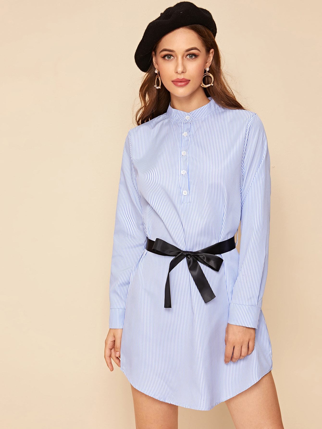 Striped Button Front Self Tie Shirt Dress