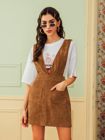 Pocket Front Corduroy Suspender Dress