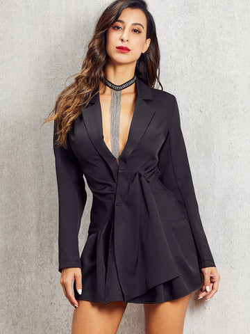 SBetro Notch Collar Draped Front Blazer Dress