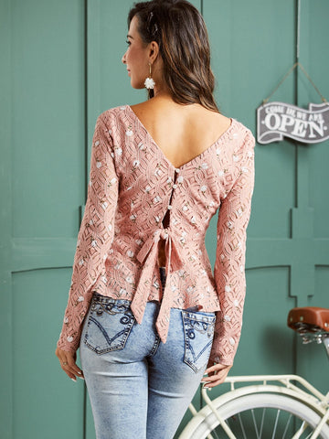 SBetro Buttoned Tie Back Lace Peplum Top