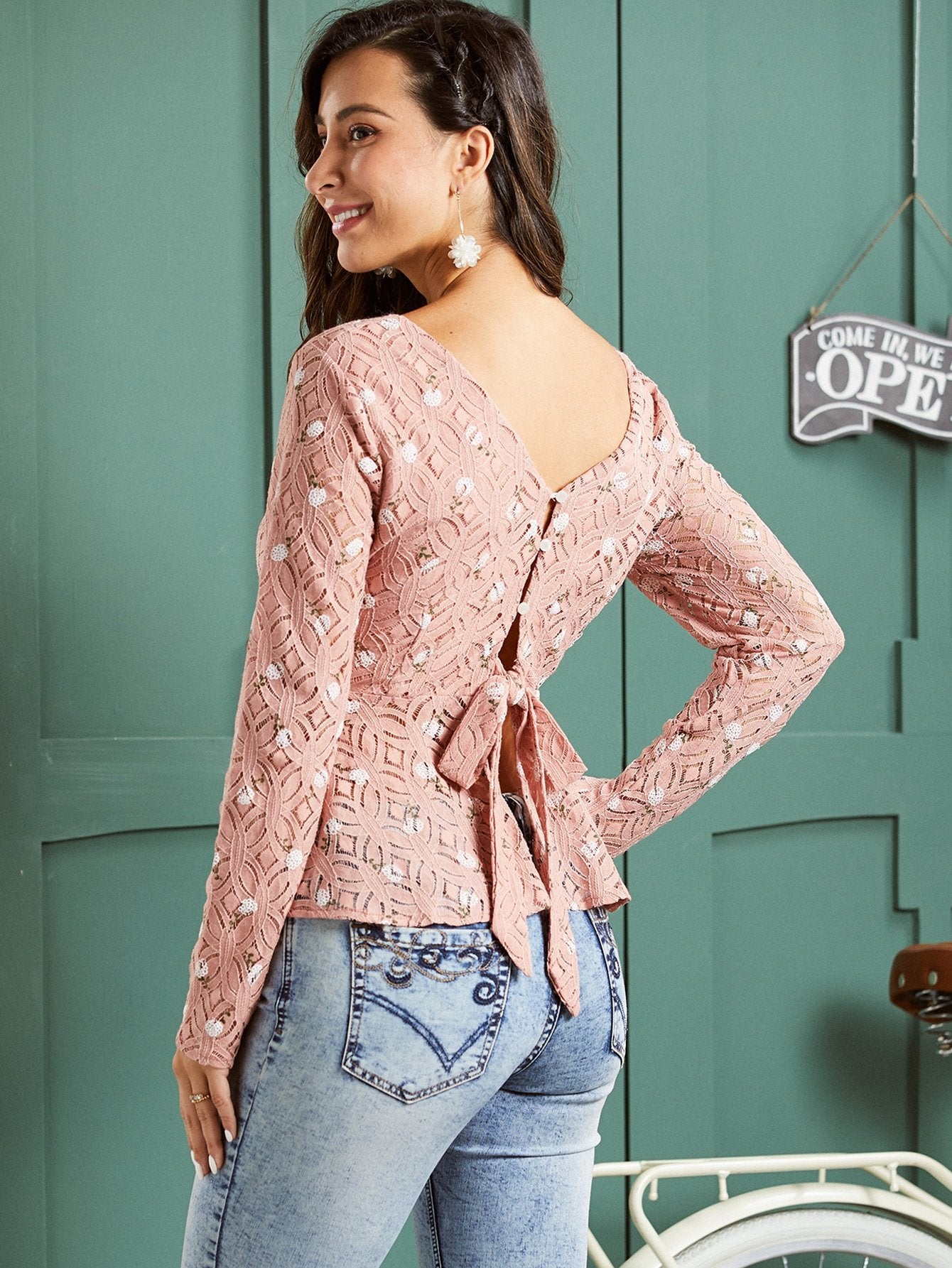SBetro Buttoned Tie Back Lace Peplum Top