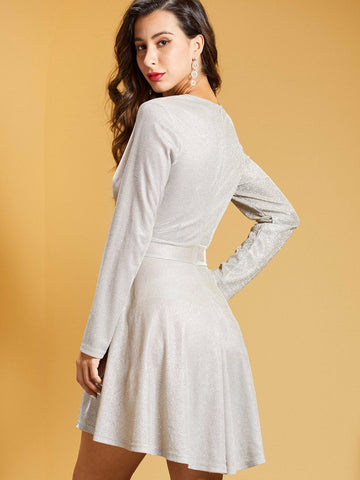 SBetro Buckle Belted Wrap Glitter Dress