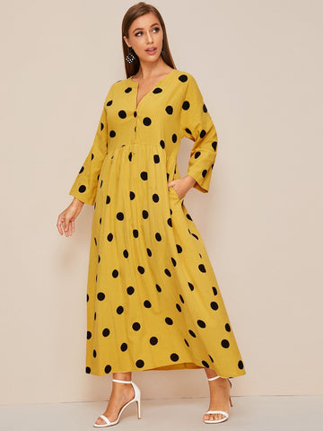 Notched Polka Dot Print Smock Dress