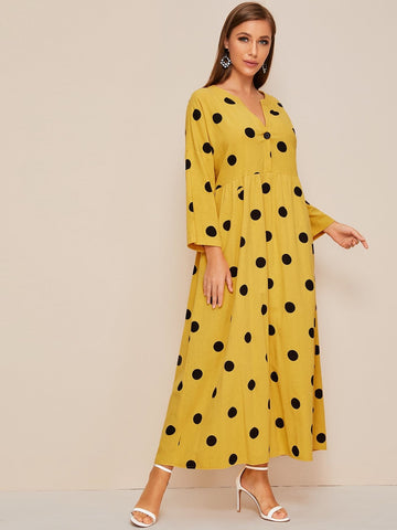 Notched Polka Dot Print Smock Dress